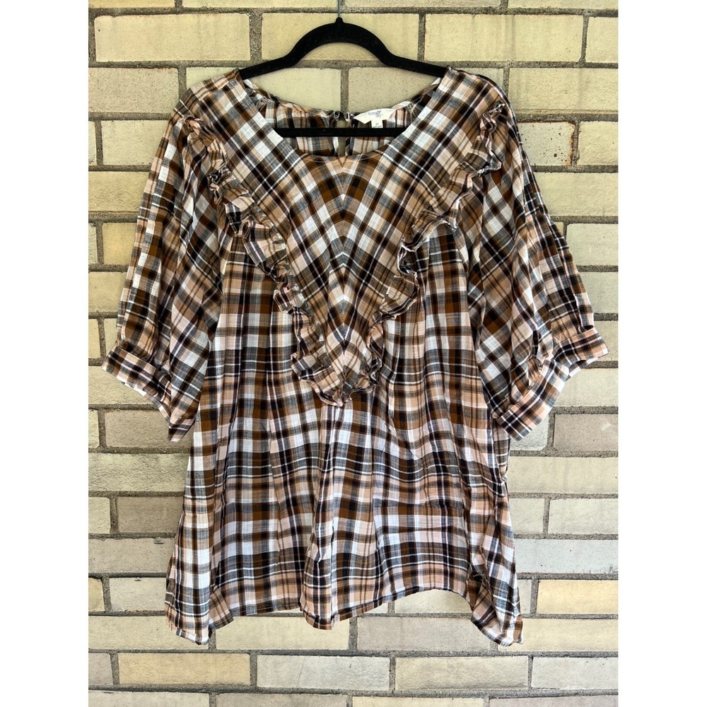 Terra & Sky Fall Brown Plaid Ruffle Cotton Lightweight Blouse Top Plus Size 3X